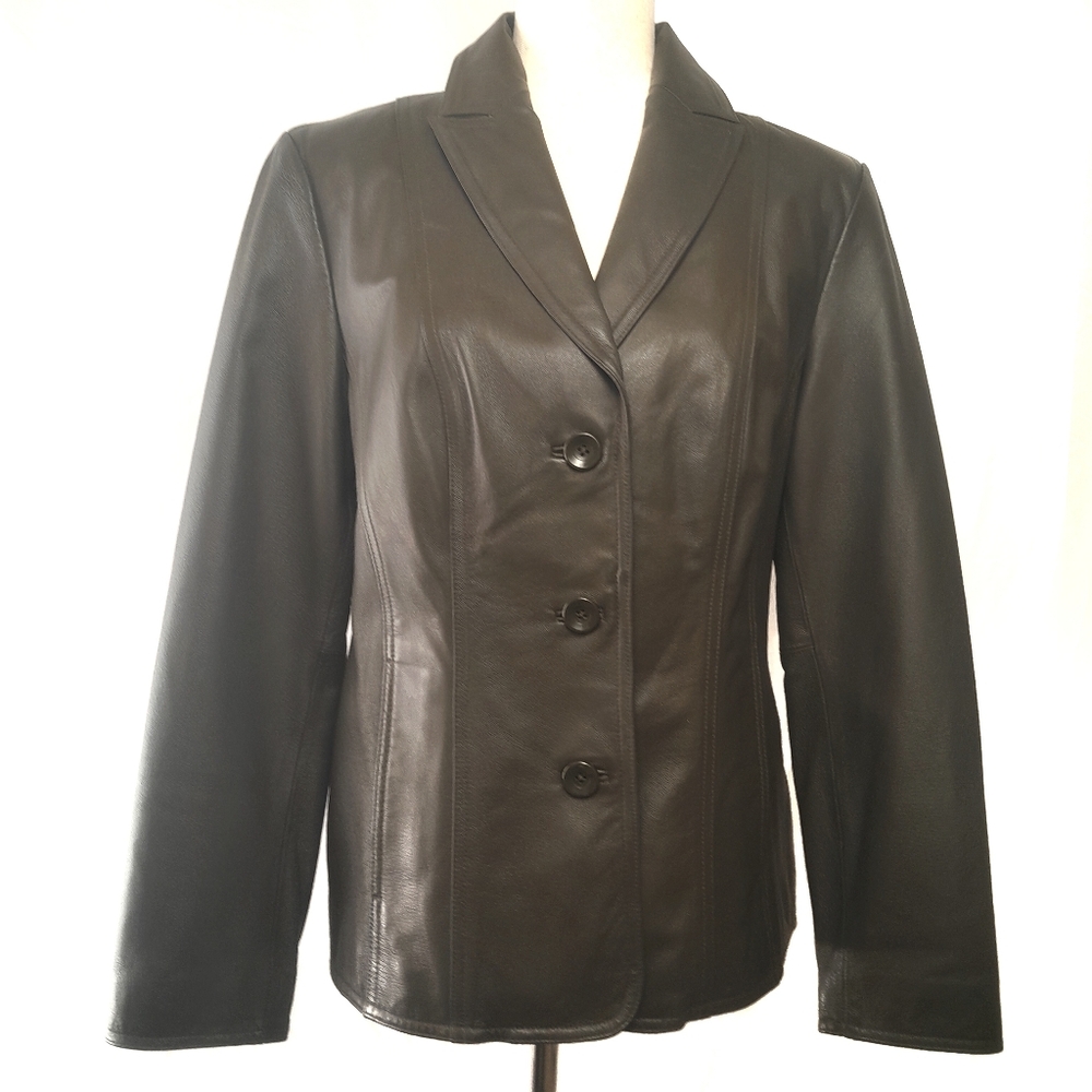 Genuine Leather Brown Jacket Coat Blazer Casual Button-Up | EUC | Women's Size M